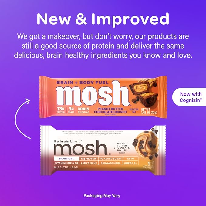 MOSH Peanut Butter Chocolate Keto Protein Bars, High Fiber, Low Carb, Gluten Free, High Protein, Brain Healthy Snack, 12 Count