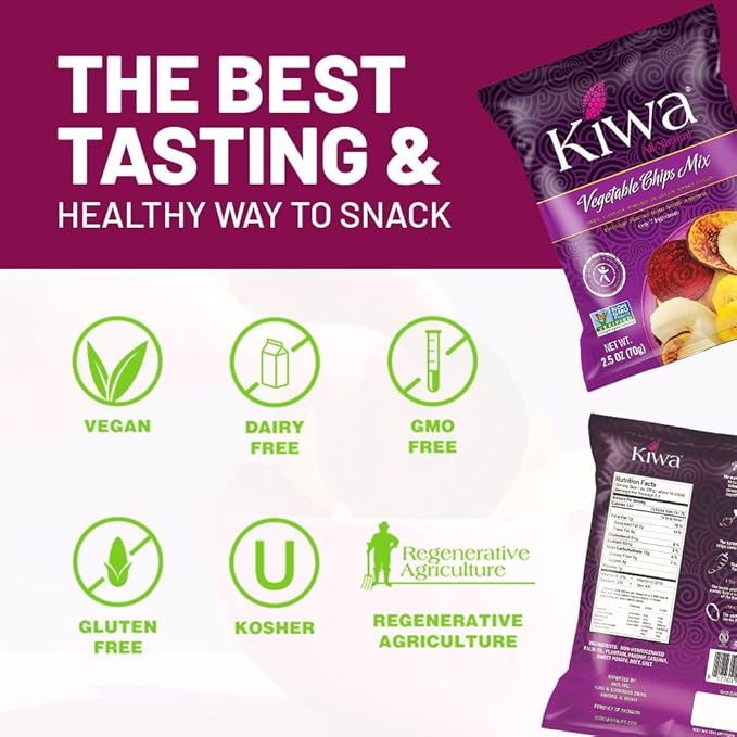 Kiwa Real Veggie Chips Healthy 2.5 Oz (Pack of 6) - Veggie Snacks with Plantain, Beet, Parsnip, Cassava, Sweet Potato - Gluten Free - Non-GMO Healthy Exotic Chips