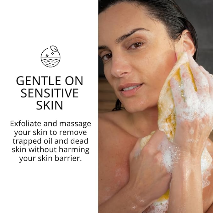 Exfoliating Washcloth Face & Body Scrub Towel - Japanese Exfoliating Towel with Hexagon Fibers, Body Scrubber with 2 Sides for Scrubbing & Washing, Extra Long Body Towel (Yellow)