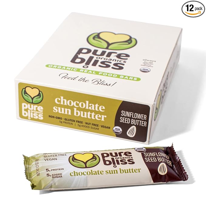 Organic Real Food Bar (Chocolate Sun Butter) Non-GMO, Gluten Free, Vegan, Nutrition Bars, Energy Bars, Super Food Simple Ingredients, Best Tasting, Healthy Snack, Breakfast Bars, Dairy Free, Soy Free, Pure Bliss Organics (1.7 oz bar, 12-Pack Case)