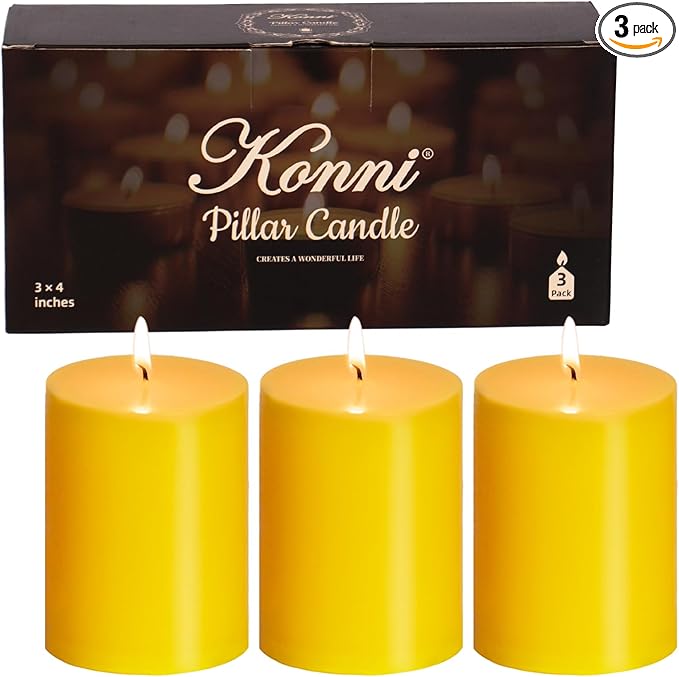 KONNI Yellow Pillar Candles Set of 3, 3"x 4" Unscented Pillar Candles Bulk, 39 Hours Long Burning Candles, Smokeless&Dripless Large Round Candle for Wedding, Home Decoration, Parties, Spas, Dinner