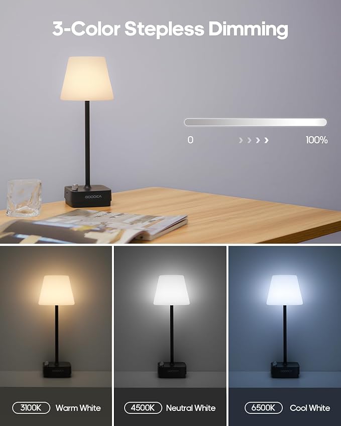 Cordless Table Lamp with Charging Base, Rechargeable 6000mAh Battery Operated Lamp, 3 Color Dimmable Smart Portable Table Light for Restaurant, Bedroom, Home, Kitchen Counter (White lampshade)