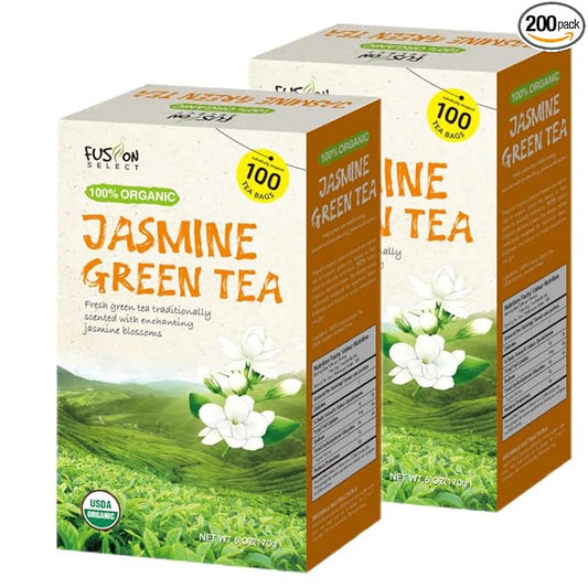 Fusion Organic Jasmine Green Tea - 200 Counts, Relaxing Jasmine Tea Bags, Floral Fragrance