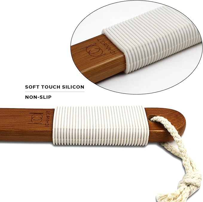 ICANdOIT-17.71Inch Natural Boar Bristles Anti-Slip Long Handle Bath Brush,Bent Handle Shower Scrubber for Exfoliating,Shower Back Brush,Exfoliation Set with Pumice Stone(2 Pack)