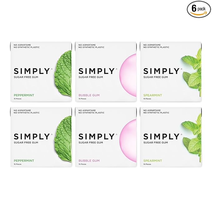 SIMPLY Gum | Dental Gum | Xylitol Chewing Gum- Sugar Free | Variety Pack- Bubblegum, Peppermint, Spearmint | Pack of Six (90 Pieces Total) | Synthetic Plastic Free + Sugar Free + Aspartame Free