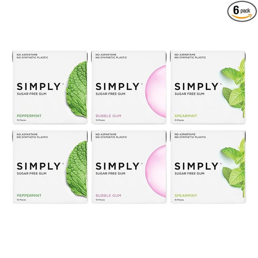 SIMPLY Gum | Dental Gum | Xylitol Chewing Gum- Sugar Free | Variety Pack- Bubblegum, Peppermint, Spearmint | Pack of Six (90 Pieces Total) | Synthetic Plastic Free + Sugar Free + Aspartame Free