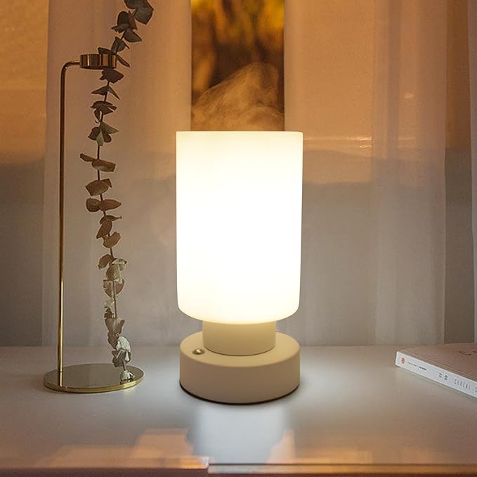 Cordless Bedside Table Lamp for Bedroom Living Room Nightstand,Touch Desk lamp with White Opal Glass Lamp Shade,Warm LED Bulb,3 Way Dimmable,Simple Design Festival Gifts.(Pack of 2)