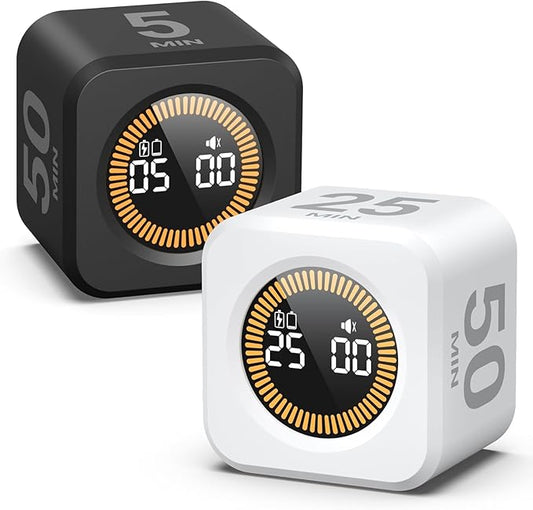 KADAMS Pomodoro Cube Timer Productivity Visual Timer - 5/10/25/50 Min Rotating Countdown (Black + White)