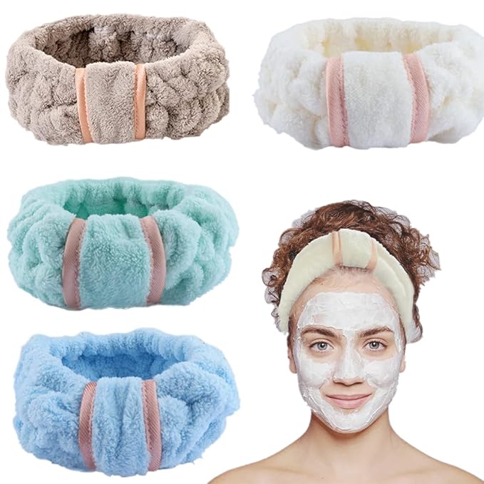 4 Pack Microfiber Towel Headbands for Washing Face, Spa & Skincare for Women (Grey White Blue Green)