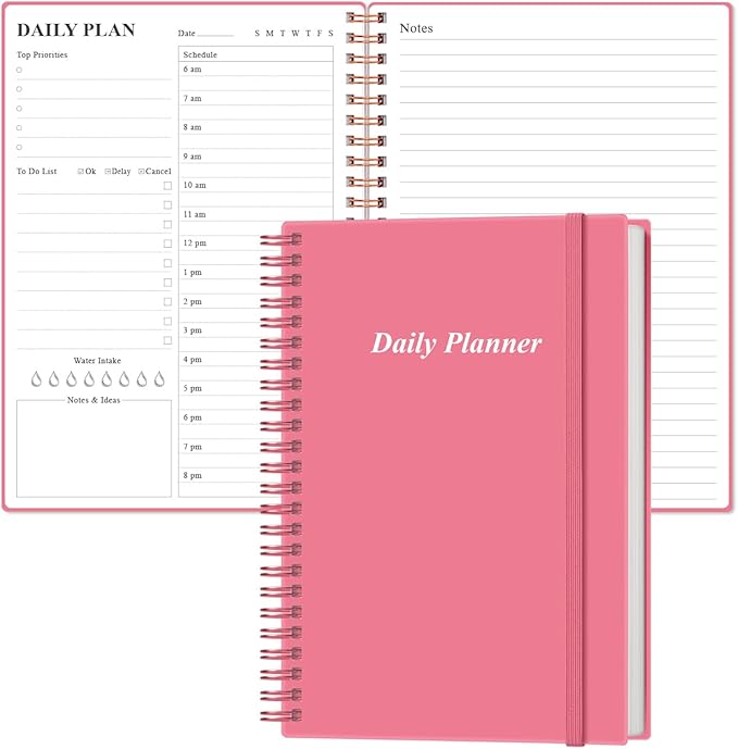 Daily Planner Undated - A5 To Do List Notebook Hourly Schedules, Spiral Appointment Planner for Women and Men, PVC Hardcover, Inner Pocket, Elastic Closure, 5.8" x 8.3", Pink