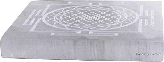 Amazing Gemstone Selenite Crystal Charging Plate For Crystals And Healing Stones, 3" Selenite Crystal Plate Engraved Shree Yantra Coaster For Home, Office Table Decor (Selenite Square)