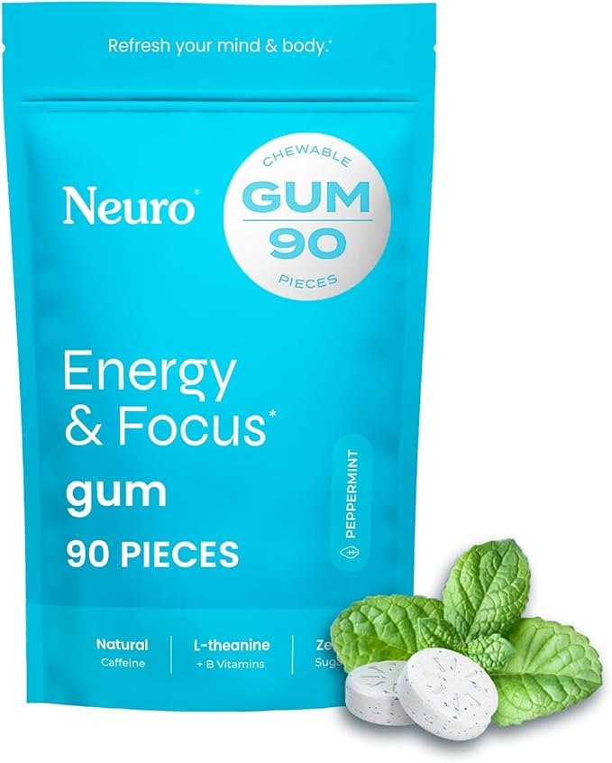 NeuroGum Energy & Focus Gum (90 Count Bag, Peppermint) | 40mg Natural Caffeine + L-Theanine + Vitamin B12 & B6 + Xylitol | Sugar Free Nootropic Cognitive Brain Performance Supplement