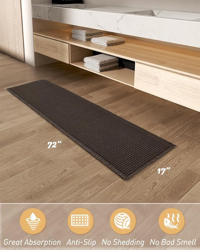 AMOAMI Upgraded Waffle Runner Rug Super Absorbent Non Slip Bath Mats for Bathroom Machine Washable Bathroom Runner Rug with Tassels, Ideal for Hallway Bedroom Laundry Room, Chocolate, 17" x 72"