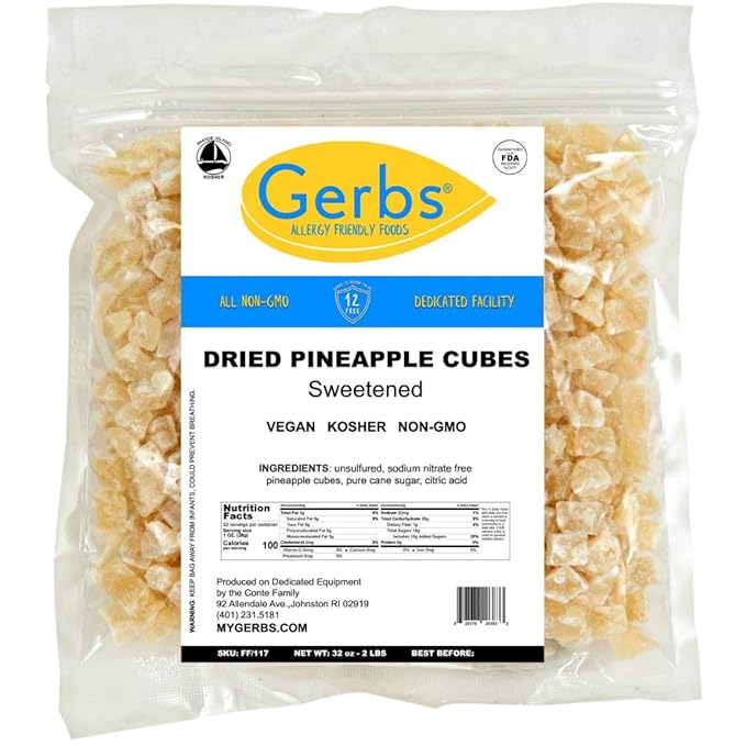Gerbs Dried Pineapple Cubes, 2 LBS - Preservative Free & Unsulfured - Top 14 Food Allergy Free & Non GMO - Product of Thailand