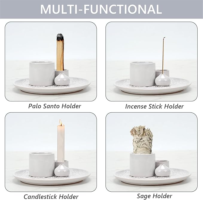 Ceramic Incense Holder Set with Decorative Tray, White, Intricate Pattern Design, 5.9x5.9x2 Inch, for Sticks, Cones, Palo Santo, Sage (White)