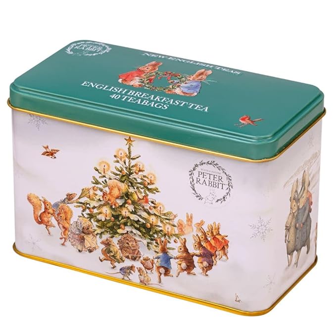 New English Teas Peter Rabbit & Friends Christmas Tree Tea Tin with 40 English Breakfast Teabags