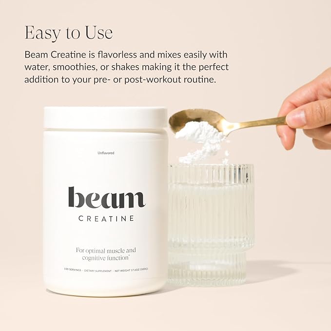 Beam Creatine Powder, Third Party Tested, Micronized Creatine Monohydrate Supplement, Creatine for Women and Men, Muscle Strength, Workout Recovery, Lean Muscle Growth, 100 Servings, Unflavored
