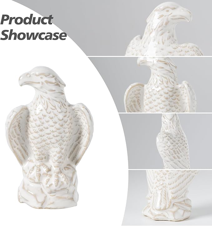 Ceramic Eagle Statue - Modern Hawk Sculpture for Home, Mini Eagle Decor, Figurine Hawk Trophy for Living Room, Bathroom, Bookshelf, Desktop, Car (White)