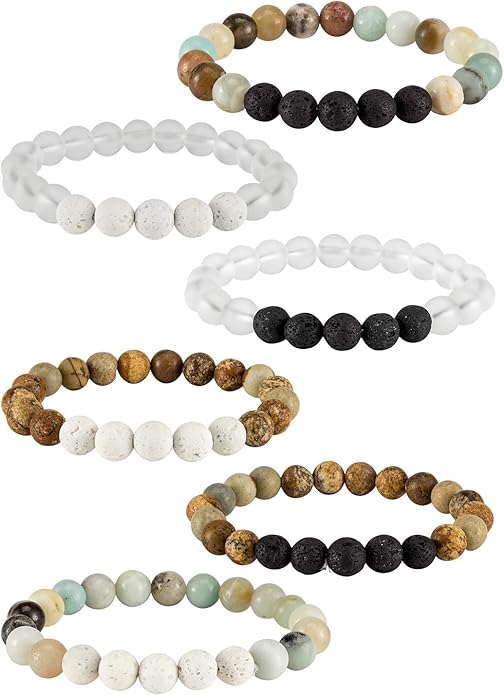 Healing Beaded Bracelets for Women - 6 Pcs Natural Lava Stone Gemstone Crystal Agate Anxiety Stress Relief Yoga Aromatherapy Essential Oil Diffuser Bracelets Mom Wife Friends Gifts