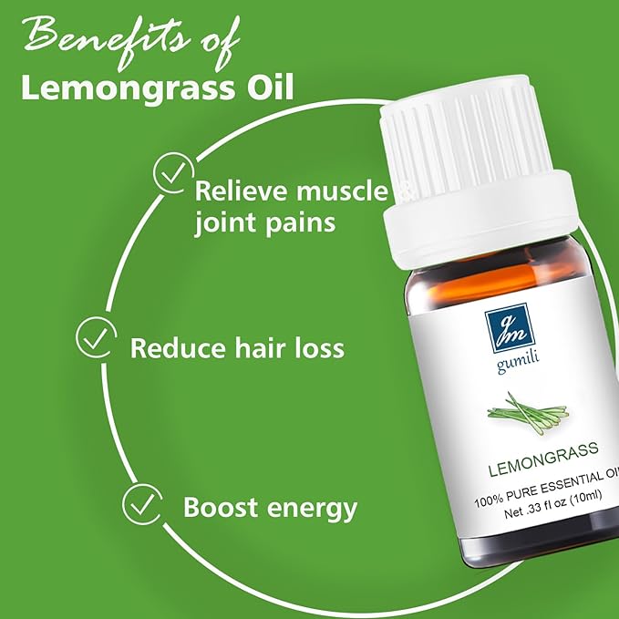 Lemongrass Essential Oil - Pure Organic Lemongrass Oil for Diffuser, Spray, Skin & Hair Care, Massage, DIY Candles & Soap, Perfume, Body Wash - 10mL