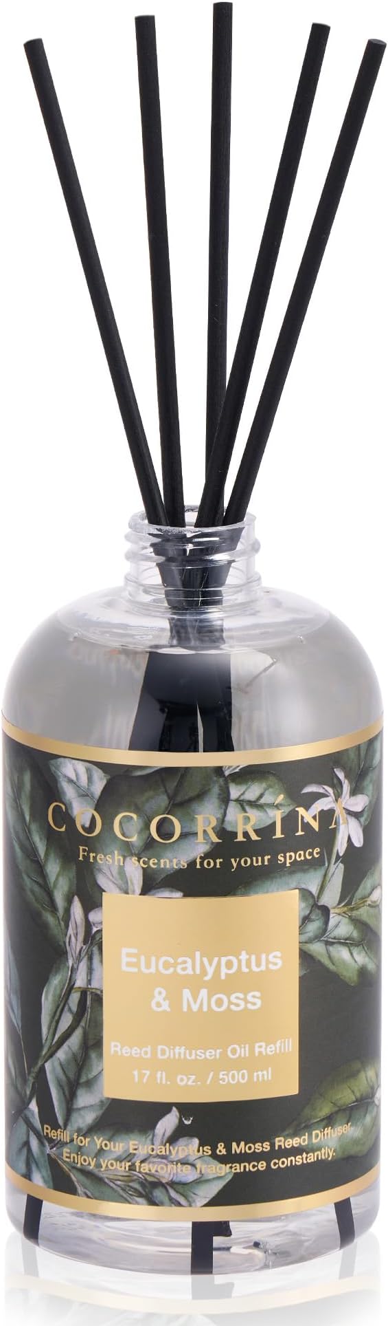 Cocorrína Reed Diffuser Refill Eucalyptus & Moss 17oz (500ml) with 8 Rattan Sticks - Premium Long-Lasting Essential Oil, Home Fragrance for Bedroom, Bathroom Home Decor