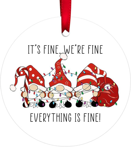 34HD Gifts for Christmas, Gnome Christmas Ornament Ceramic 2-Side Printed, Gnome Gifts, Everything is Fine Ornament, Christmas Decorations for Trees