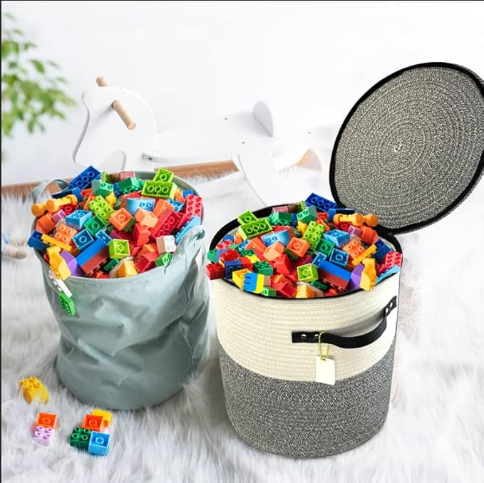 Cotton rope Storage Basket with Zipper cover & Woven baskets with Lid for Books, Blankets, hats, jackets，Multi-Purpose Storage Basket for Living Room,Christmas gifts. 14x13inches(Grey+White)