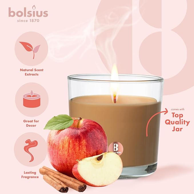 Bolsius Apple Cinnamon Scented Candle - Premium Long-Lasting Jar, 43+ Hours Burn Time - Natural Plant-Based Wax, Smokeless, Clean-Burning Aromatherapy - Large 8oz Glass Jar