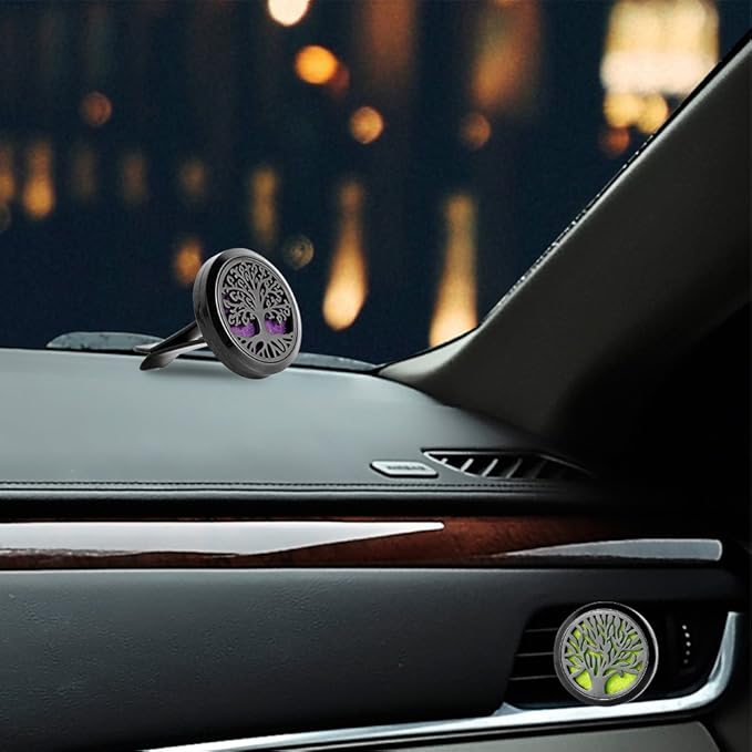 2PCS Tree of Life Car Diffuser Aromatherapy Essential Oil Black Stainless Steel Locket with Vent Clip 12 Felt Pads