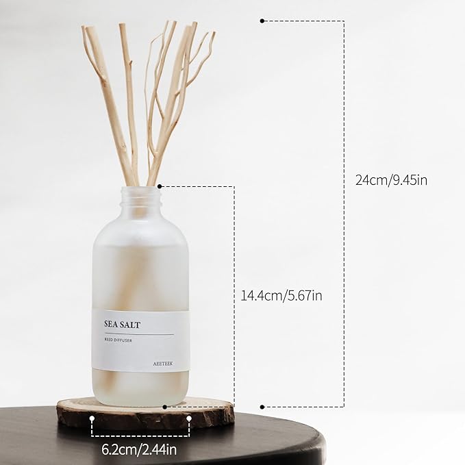 Sea Salt Reed Diffuser Set of 2-14.8 oz(220mlx2) Sea Salt Musk and Grass Essential Oils, Bathroom Air Freshener with Willow Branches Decor, Long Lasting Fragrance for Home, Office