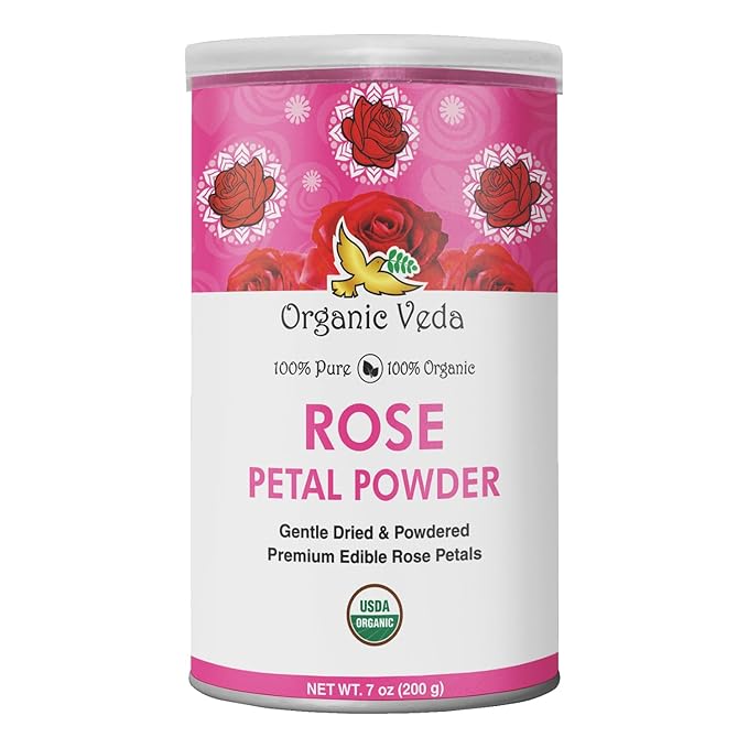 Organic Veda Edible Rose Petal Powder - Organic Rose Petal Powder for Cooking, Herbal Tea, Smoothies, Toppings - Natural Rose Petal Powder for DIY Face Masks, Skin & Hair Care - Vegan, No Gluten - 7oz