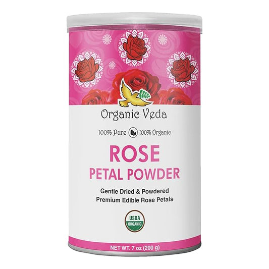 Organic Veda Edible Rose Petal Powder - Organic Rose Petal Powder for Cooking, Herbal Tea, Smoothies, Toppings - Natural Rose Petal Powder for DIY Face Masks, Skin & Hair Care - Vegan, No Gluten - 7oz