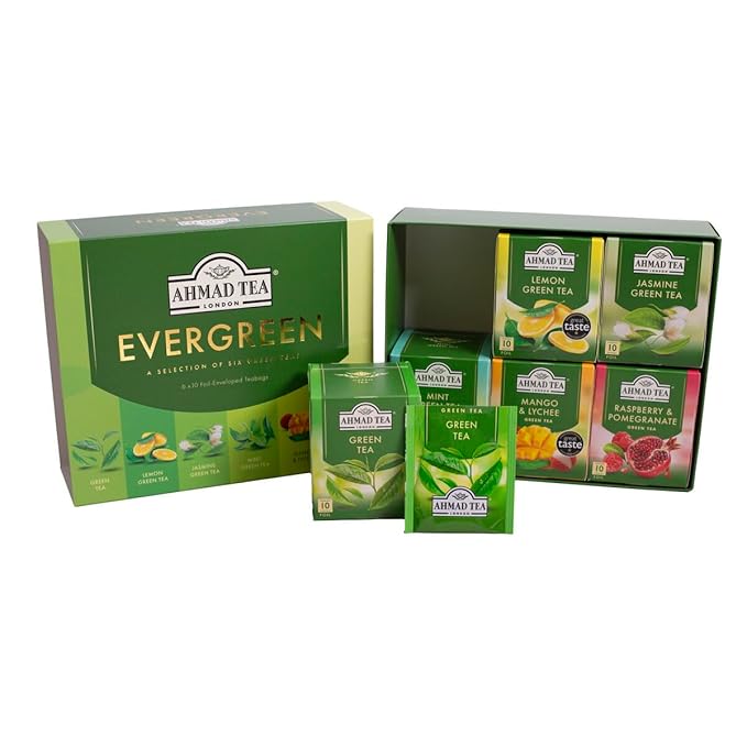 Ahmad Tea Green Tea, Evergreen Selection Pack Teabags, 60 Foil Teabags - Caffeinated & Sugar-Free