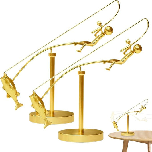 Kinetic Fishing Sculpture, Balance Art for Your Space, Metal Fishing Statue Home Office Desktop Ornament for Home Office Art Deco-D