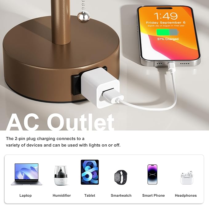 Fenmzee Brown Bedside Table Lamps Set of 2-3 Color Temperatures Pull Chain Lamp with AC Outlet Charging Port, Small Round Night Stand Lamps for Bedroom, Bed Side Light with E26 LED Bulbs