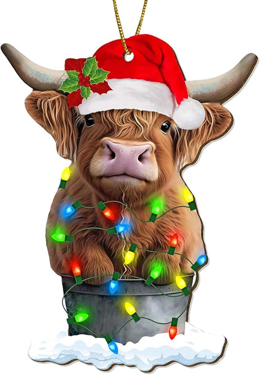 Highland Cow Christmas Tree Keepsake Ornaments, Farmhouse Themed 2 Side Printed Flat Wooden Ornament, Farm Animal Xmas Hanging Decor