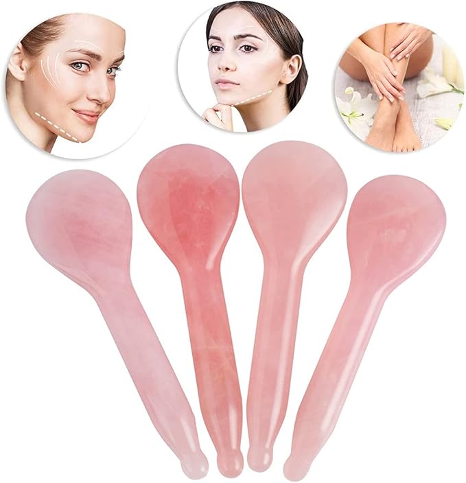 LZLRUN Rose Quartz Jade Spoon Roller Real Gua Sha Board Mushroom Massager Face Lifting Tool Facial Guasha Massage Tool (Spoon Shape)