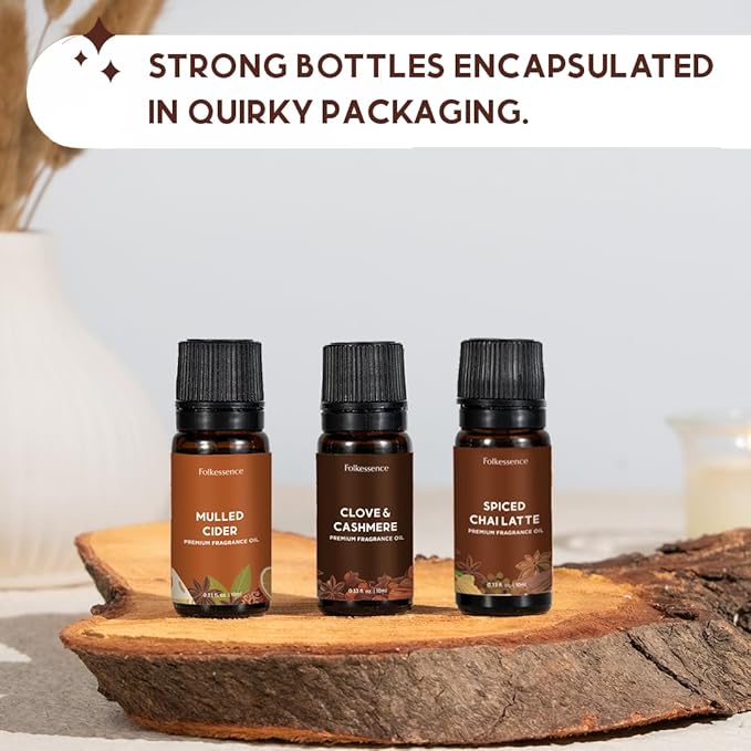 Folkulture Essential Oils for Home | Set of 3 (0.34 fl oz x 3) Fall Essential Oil for Relaxation | Chai Latte, Cider, Clove Essential Oil or Fall Scents for Meditation | Fall Essentials for Women