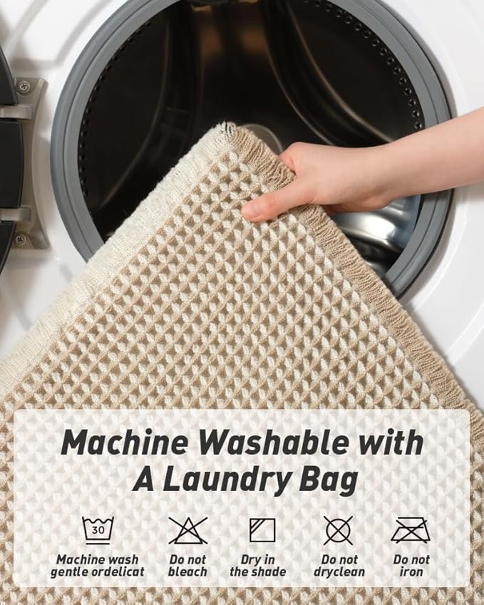 AMOAMI Upgraded Waffle Runner Rug Super Absorbent Non Slip Bath Mats for Bathroom Machine Washable Bathroom Runner Rug with Tassels, Ideal for Hallway Bedroom Laundry Room, 17" x 72", Brown & Cream