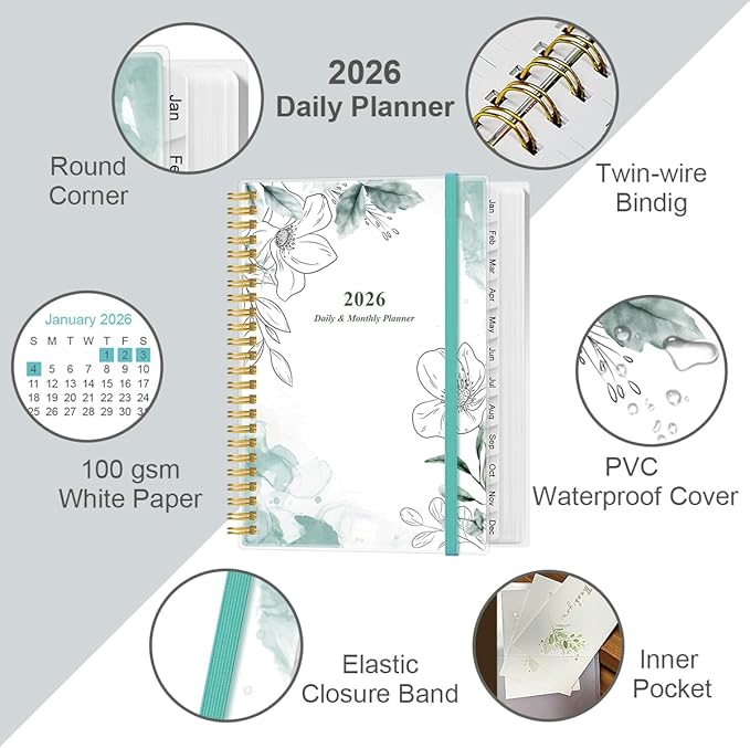 2026 Daily & Monthly Planner - One Page Per Day, Daily Planner 2026 from January 2026 to December 2026, Planners 26 with 12 Monthly Tabs, 6.4" x 8.5", Teal Flowers