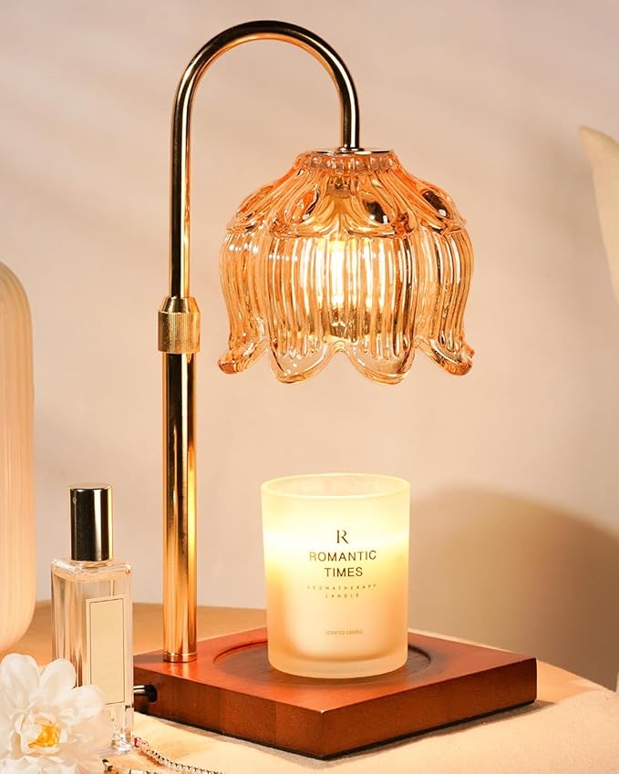Candle Warmer Lamp with Timer Dimmable, Height Adjustable Birthday Gifts for Women Mom House Warming, Home Decor, Lotus Flower Candle Lamp Warmer 2 Bulbs Inc (Amber)