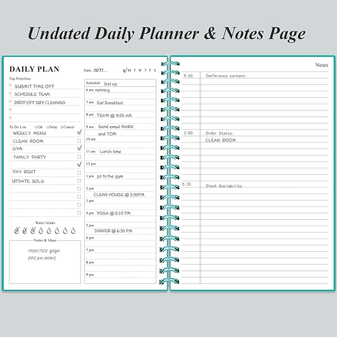 Daily Planner Undated - B5 To Do List Notebook Hourly Schedules, Spiral Appointment Planner for Women and Men, PVC Hardcover, Inner Pocket, Elastic Closure, 7" x 10", Teal