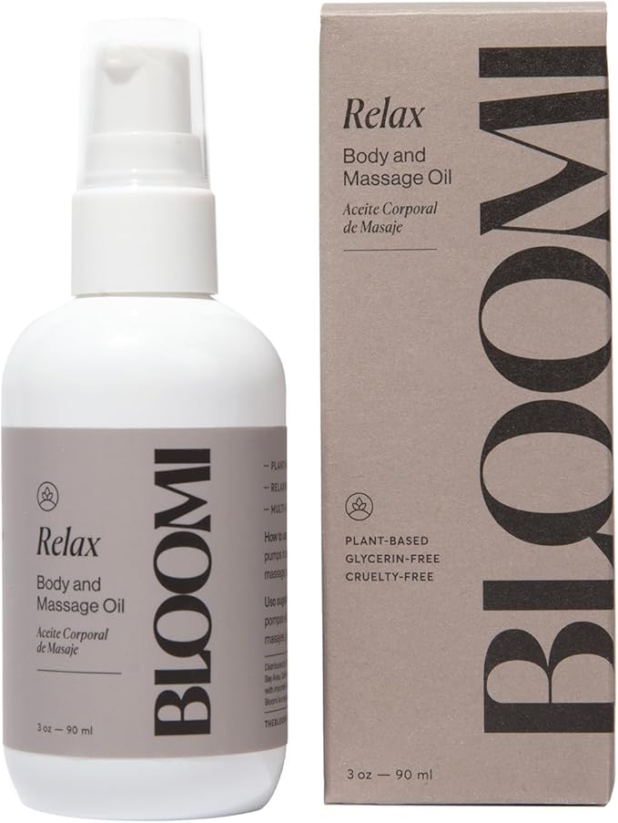 Bloomi Relax Body & Massage Oil, 3oz - Calming Lavender Oil for Relaxation, Stress Relief, Skin Hydration & Moisturizing Therapy, Ideal for Self Care (1)