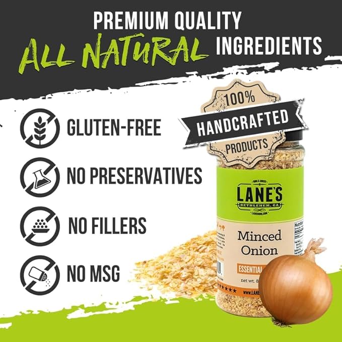 Lane's Minced Onion Flakes, All-Natural Dried Onion Flakes for Cooking Goes Well With Meats, Vegetables, Salads, and Stir-Fries, Made in USA, 8 Oz