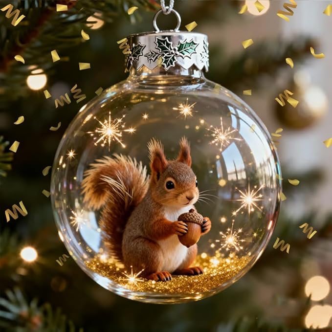 2026 Wildlife Wonders Collection Crystal Glass Ornament, Vivid 3D Animal Christmas Decoration, Clear Plastic Xmas Balls, Luxury Winter Tree Decor Sparkling Star Accents,Holiday Ornaments(Squirrel)