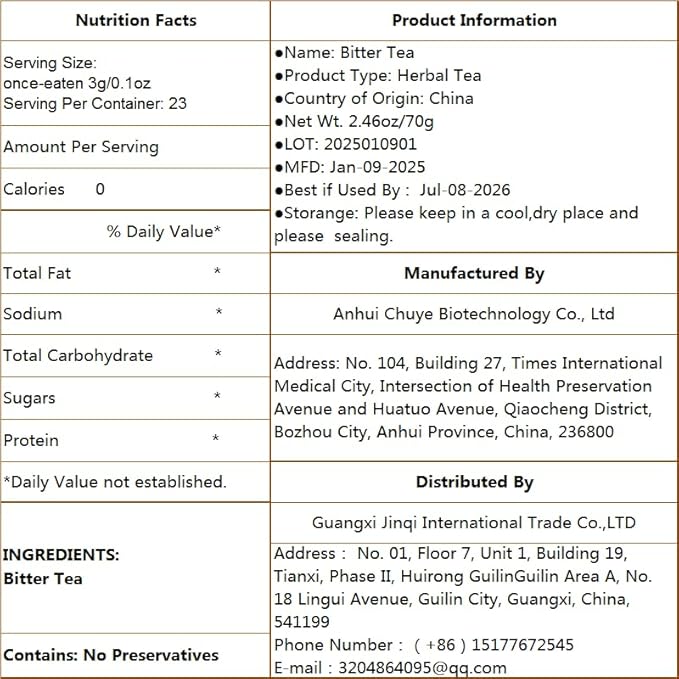 JINQI 2bottles Bitter Tea Kuding- 苦丁茶 大叶苦丁茶4.93oz/140g(2.46oz/70g*2), Chinese Herbal Green Tea, Clearing Heat, Holiday Gifts, Tea Gifts