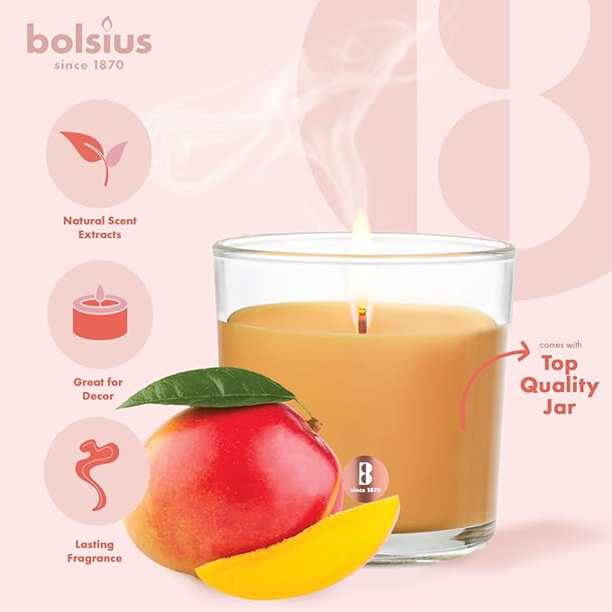 Bolsius Premium Mango Scented Candle - Long-Lasting Candle Jar, 43+ Hours Burning Time - Natural Mango Candle with Plant-Based Wax- Smokeless. Clean-Burning Aromatherapy Candle - Large, 8oz Jar