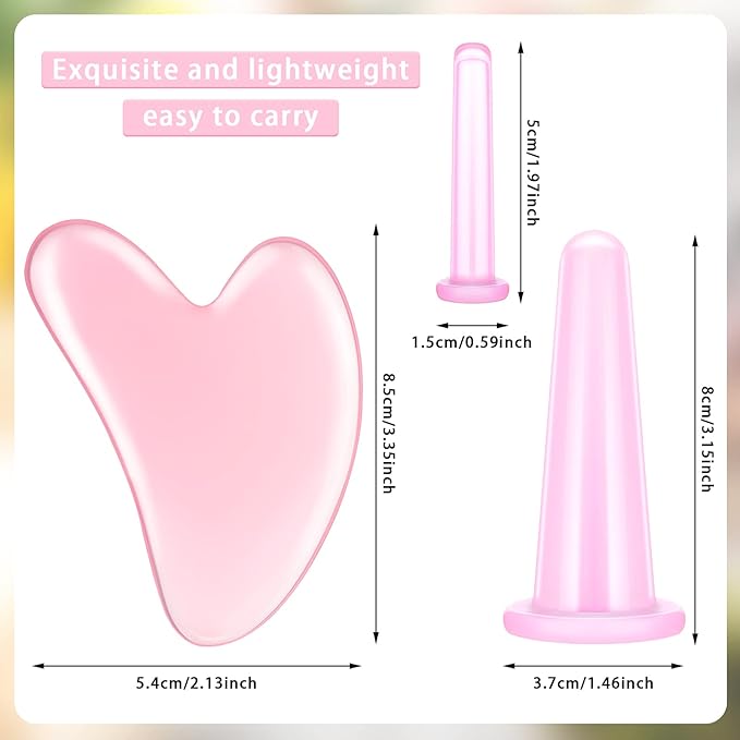 Nuanchu 4 Pieces Facial Cupping Massage Cups & Gua Sha Boards Set, 2 Pcs Gua Sha Massage Tool Facial Tool Heart Shape Guasha Scraping Board for Face Eyes Neck Back (Pink)