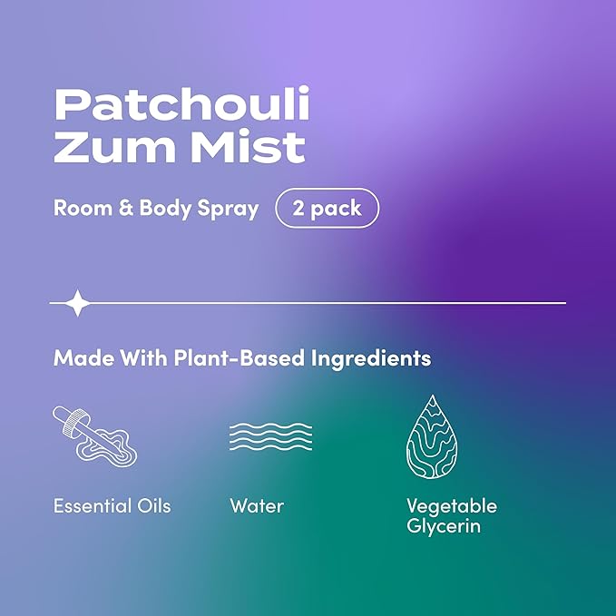 Indigo Wild Zum Mist Room & Body Spray - Aromatherapy Essential Oil Spray - Natural Body Mist & Room Spray - Patchouli Scent - 4 fl oz (2 Pack)