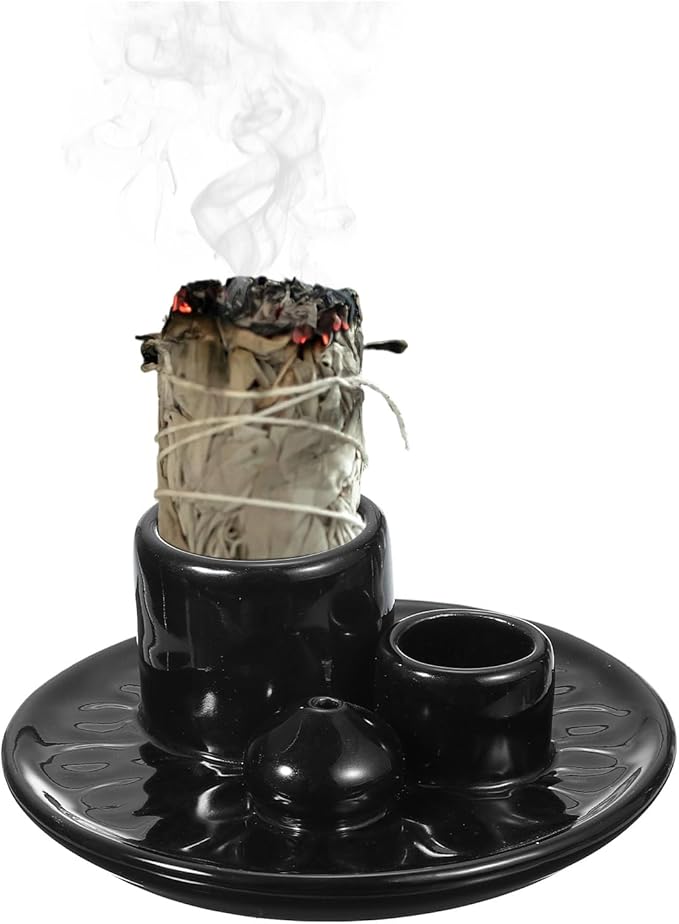 uxcell Incense Burner, 4 in 1 Ceramic Incense Holder Santo Holder Ash Catcher & Candle Holder Decorative Bowl for Meditation Stick Aromatherapy Yoga, Black